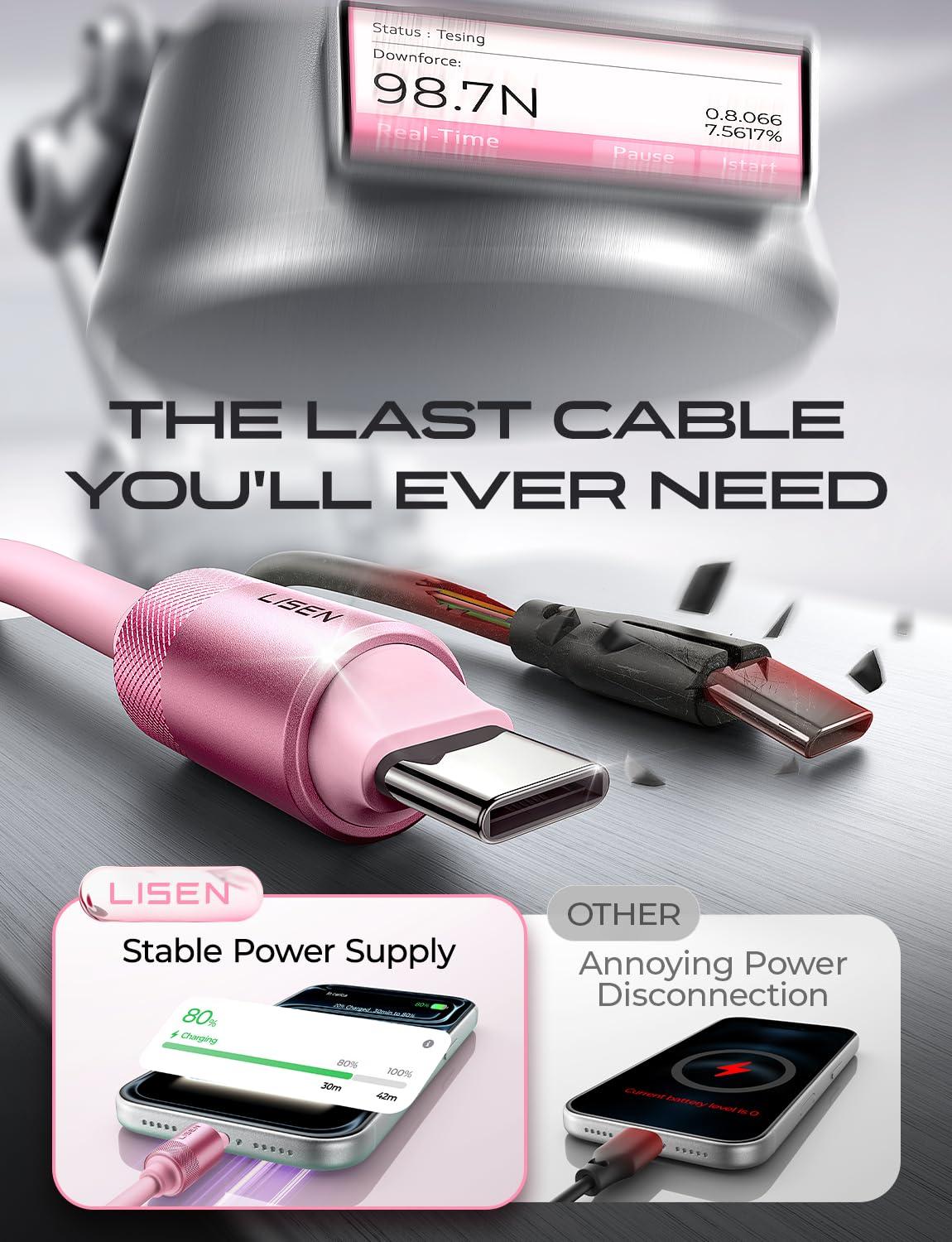 imageLISEN USB C Cable 10FT Chubby 100W USB C to USB C Fast Charging Cable Soft Silicone Long USBC to USBC for iPhone 17 Air 16 15 Pro Max Samsung S25 MacBook ProAir Switch 2 iPadPink