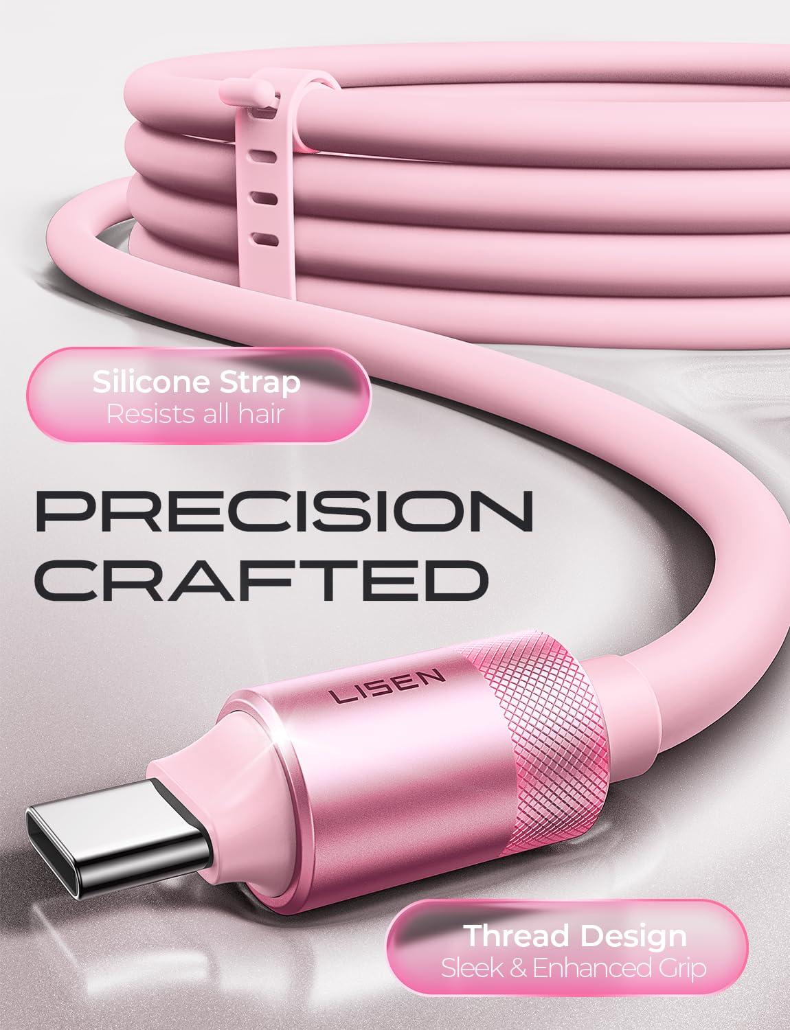 imageLISEN USB C Cable 10FT Chubby 100W USB C to USB C Fast Charging Cable Soft Silicone Long USBC to USBC for iPhone 17 Air 16 15 Pro Max Samsung S25 MacBook ProAir Switch 2 iPadPink