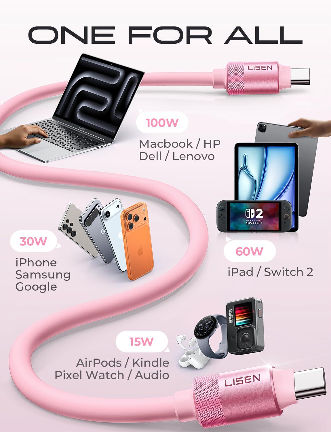 imageLISEN USB C Cable 10FT Chubby 100W USB C to USB C Fast Charging Cable Soft Silicone Long USBC to USBC for iPhone 17 Air 16 15 Pro Max Samsung S25 MacBook ProAir Switch 2 iPadPink