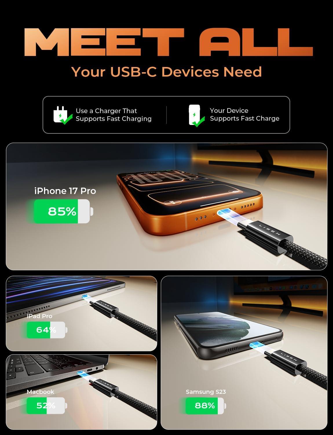 imageLISEN USB C Cable 5Pack 3333666610FT for iPhone 17 Charger Cord 60W USB C to USB C Fast Charging Cable for iPhone 17 Air 16 15 Pro Max Samsung Z Flip 7S25S24 Switch 2 iPad MacBookBlack