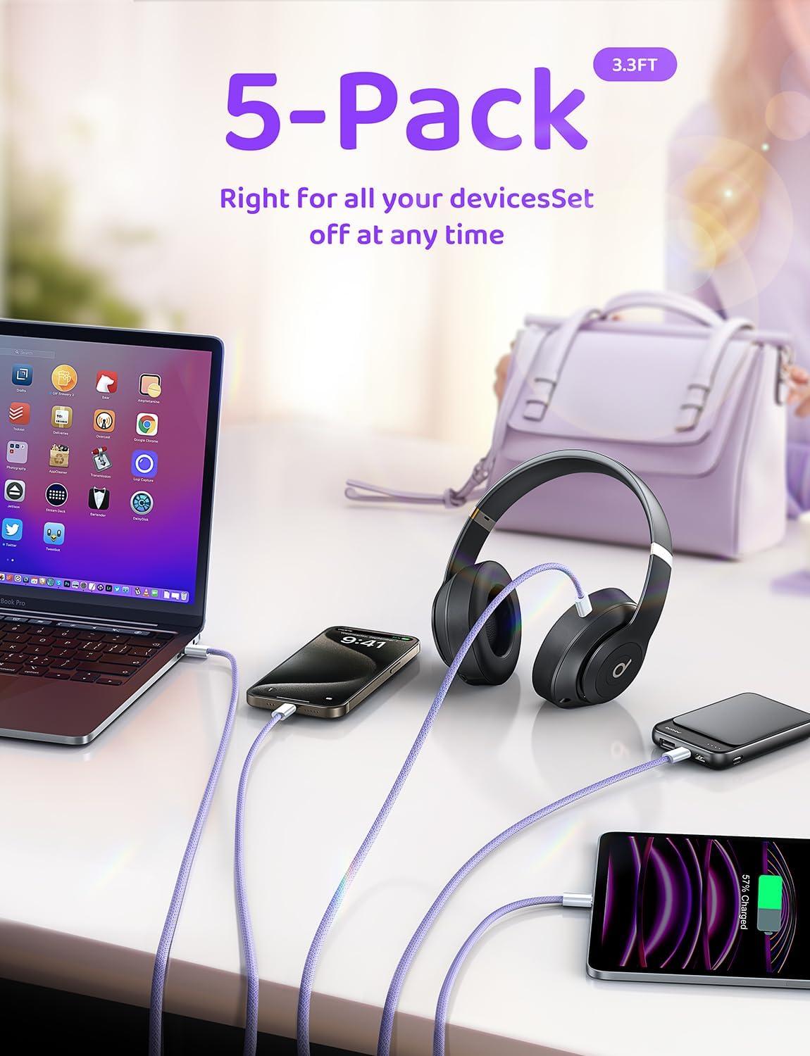 imageLISEN USB C Cable 5Pack 3333666610FT for iPhone 17 Charger Cord 60W USB C to USB C Fast Charging Cable for iPhone 17 Air 16 15 Pro Max Samsung Z Flip 7S25S24 Switch 2 iPad MacBookPurple