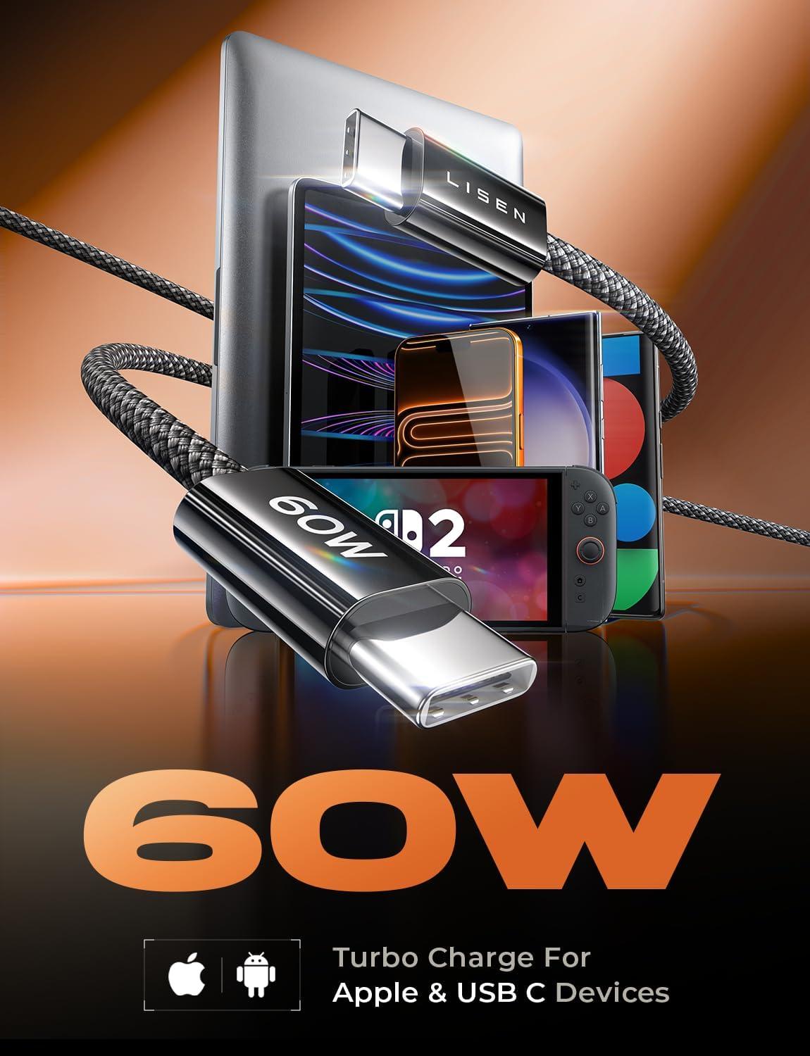 imageLISEN USB C Cable 5Pack 3333666610FT for iPhone 17 Charger Cord 60W USB C to USB C Fast Charging Cable for iPhone 17 Air 16 15 Pro Max Samsung Z Flip 7S25S24 Switch 2 iPad MacBookBlack