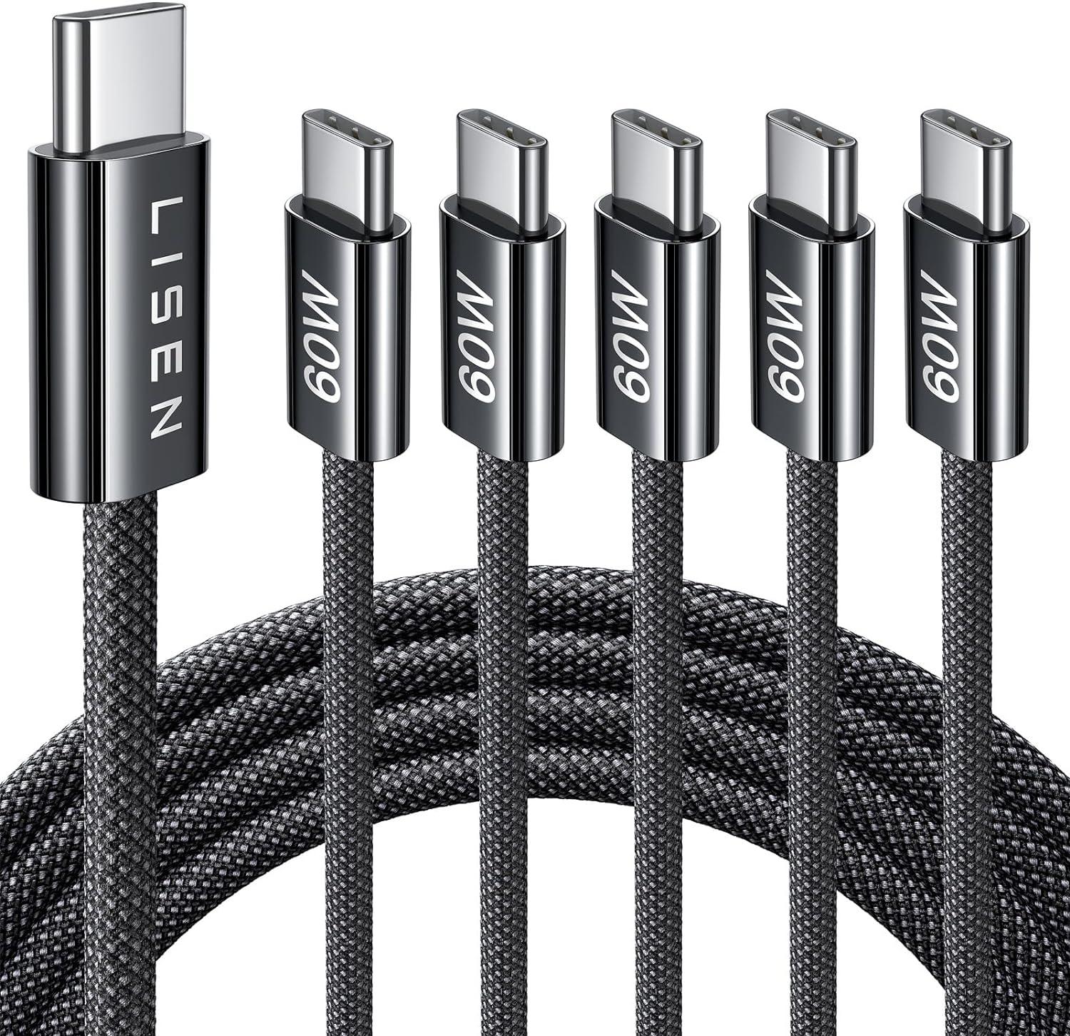 imageLISEN USB C Cable 5Pack 3333666610FT for iPhone 17 Charger Cord 60W USB C to USB C Fast Charging Cable for iPhone 17 Air 16 15 Pro Max Samsung Z Flip 7S25S24 Switch 2 iPad MacBookBlack