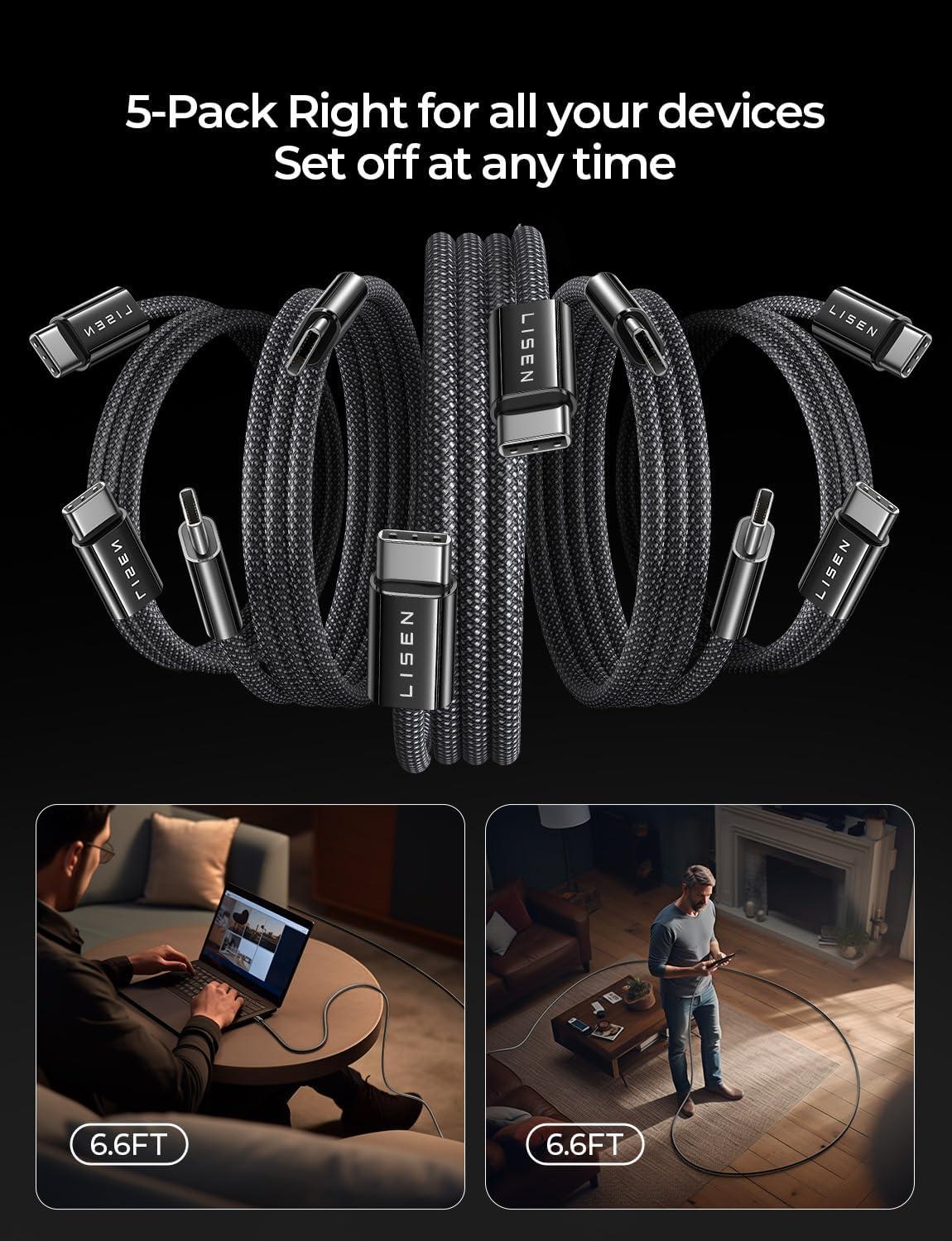 imageLISEN USB C Cable 5Pack 3333666610FT for iPhone 17 Charger Cord 60W USB C to USB C Fast Charging Cable for iPhone 17 Air 16 15 Pro Max Samsung Z Flip 7S25S24 Switch 2 iPad MacBookBlack