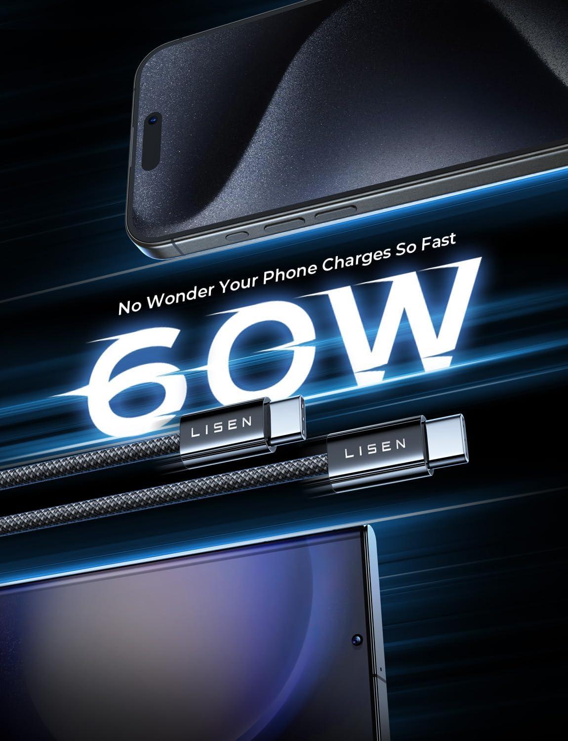 imageLISEN USB C Cable 5Pack 3333666610FT for iPhone 17 Charger Cord 60W USB C to USB C Fast Charging Cable for iPhone 17 Air 16 15 Pro Max Samsung Z Flip 7S25S24 Switch 2 iPad MacBookBlack