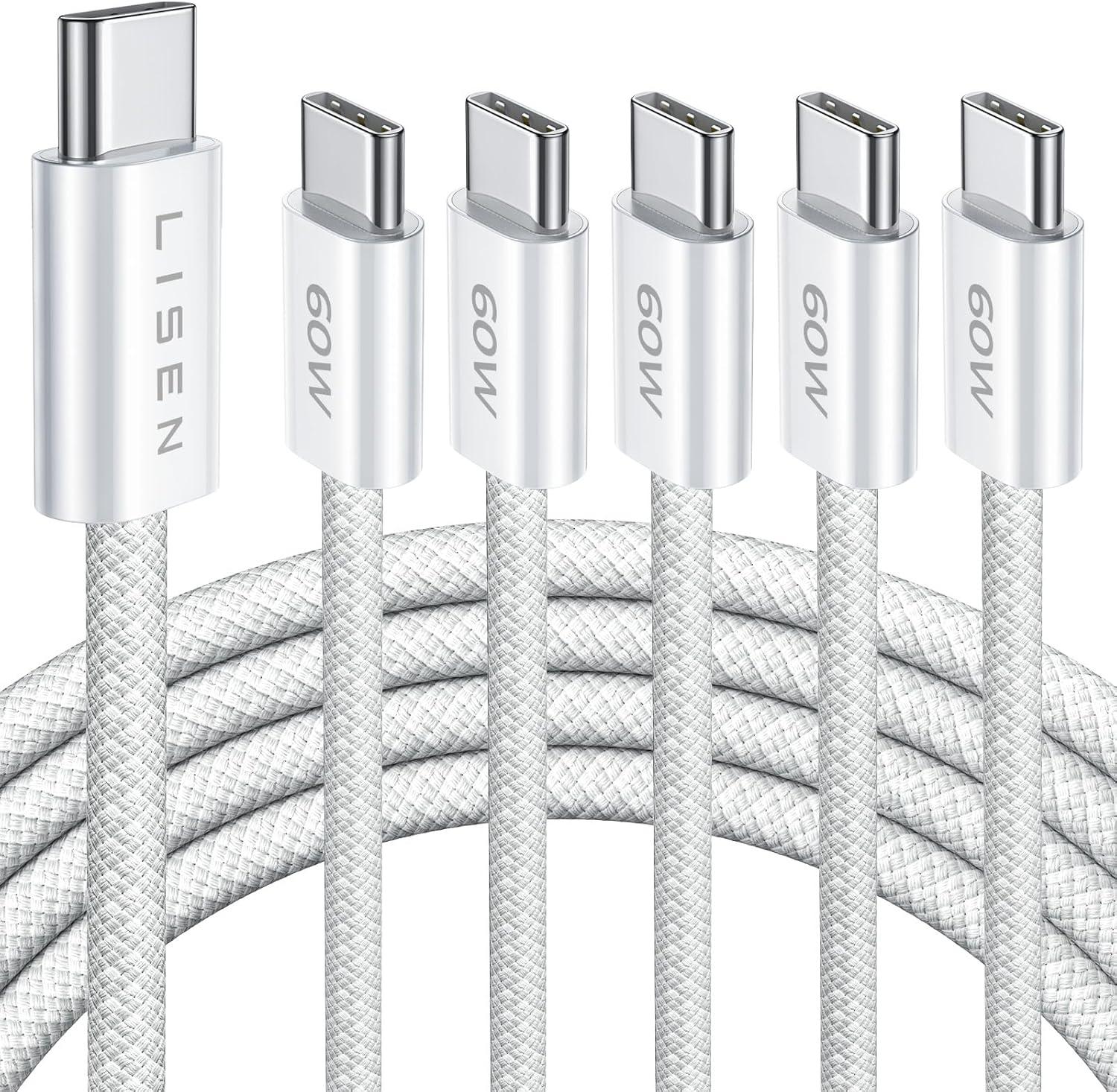 imageLISEN USB C Cable 5Pack 3333666610FT for iPhone 17 Charger Cord 60W USB C to USB C Fast Charging Cable for iPhone 17 Air 16 15 Pro Max Samsung Z Flip 7S25S24 Switch 2 iPad MacBookWhite