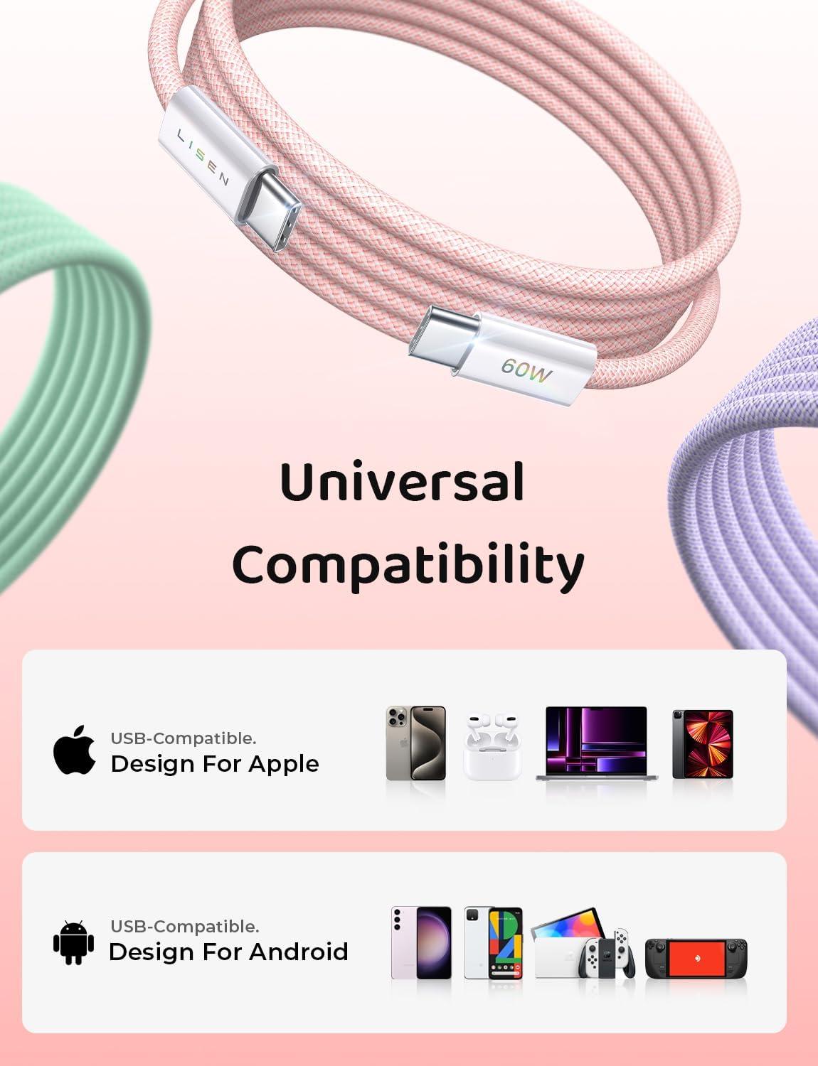 imageLISEN USB C Cable 5Pack 3333666610FT for iPhone 17 Charger Cord 60W USB C to USB C Fast Charging Cable for iPhone 17 Air 16 15 Pro Max Samsung Z Flip 7S25S24 Switch 2 iPad MacBookMulticolored