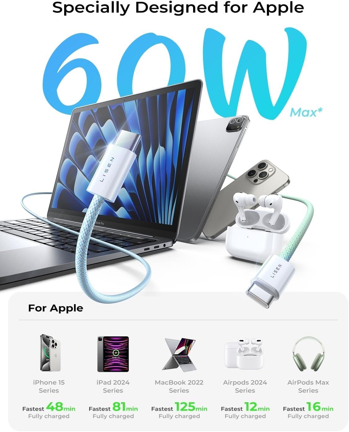 imageLISEN USB C Cable 5Pack 3333666610FT for iPhone 17 Charger Cord 60W USB C to USB C Fast Charging Cable for iPhone 17 Air 16 15 Pro Max Samsung Z Flip 7S25S24 Switch 2 iPad MacBookMulticolored