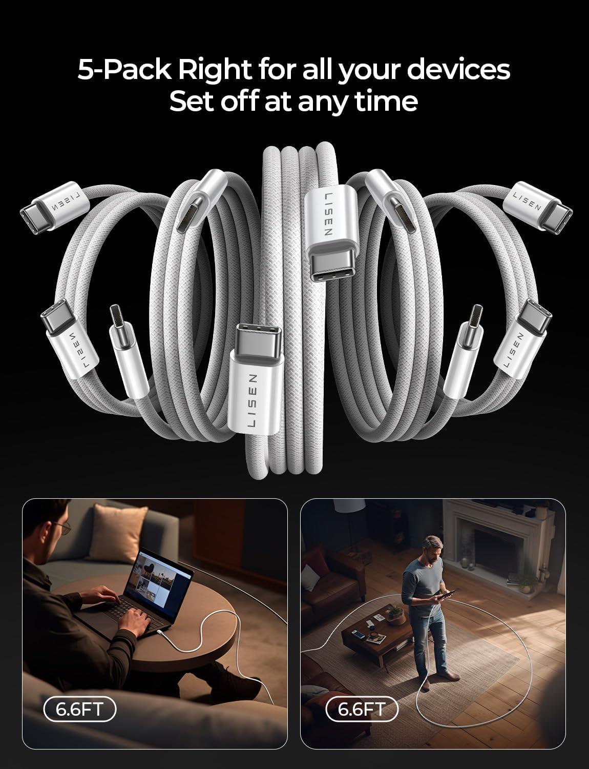imageLISEN USB C Cable 5Pack 3333666610FT for iPhone 17 Charger Cord 60W USB C to USB C Fast Charging Cable for iPhone 17 Air 16 15 Pro Max Samsung Z Flip 7S25S24 Switch 2 iPad MacBookWhite
