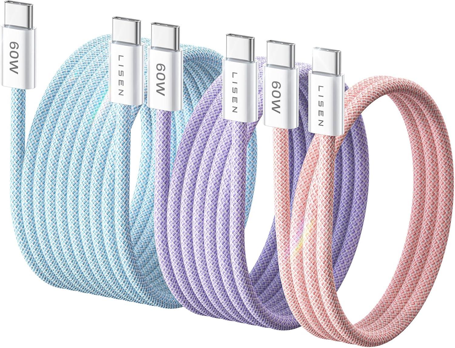 imageLISEN USB C Cable 5Pack 3333666610FT for iPhone 17 Charger Cord 60W USB C to USB C Fast Charging Cable for iPhone 17 Air 16 15 Pro Max Samsung Z Flip 7S25S24 Switch 2 iPad MacBookMulticolored