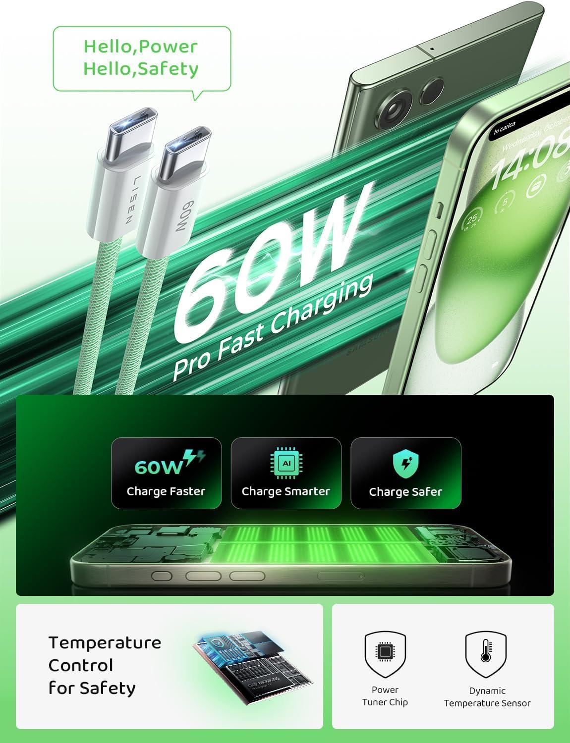 imageLISEN USB C Cable 5Pack 3333666610FT for iPhone 17 Charger Cord 60W USB C to USB C Fast Charging Cable for iPhone 17 Air 16 15 Pro Max Samsung Z Flip 7S25S24 Switch 2 iPad MacBookMulticolored