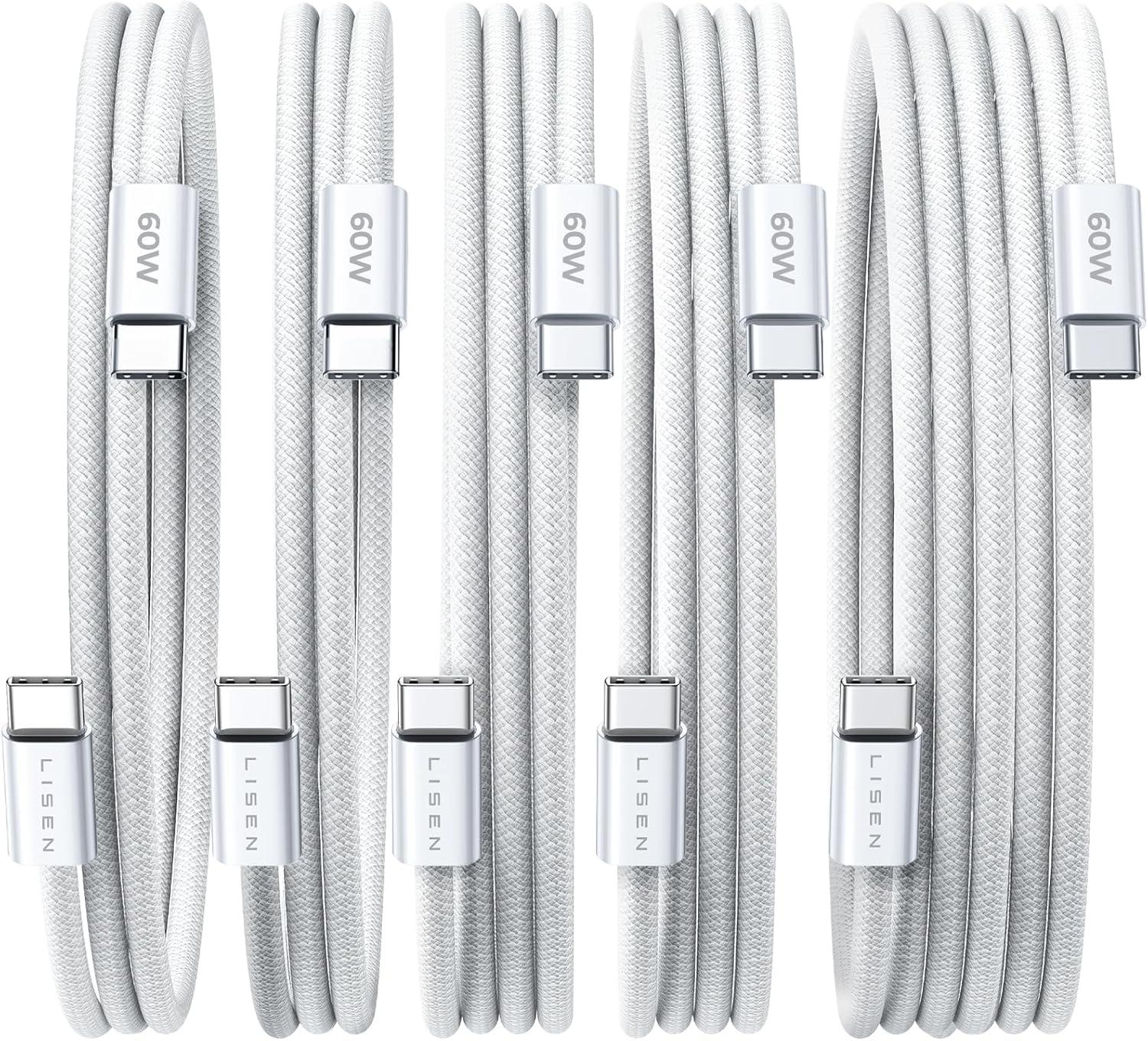 imageLISEN USB C Cable 5Pack 3333666610FT for iPhone 17 Charger Cord 60W USB C to USB C Fast Charging Cable for iPhone 17 Air 16 15 Pro Max Samsung Z Flip 7S25S24 Switch 2 iPad MacBookWhite