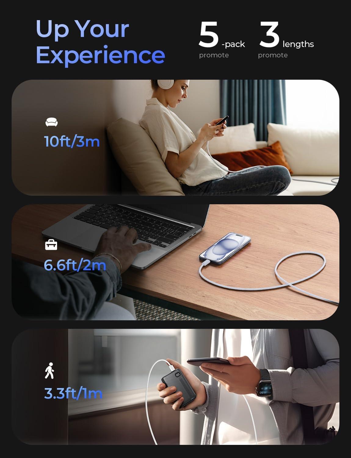 imageLISEN USB C Cable 5Pack 3333666610FT for iPhone 17 Charger Cord 60W USB C to USB C Fast Charging Cable for iPhone 17 Air 16 15 Pro Max Samsung Z Flip 7S25S24 Switch 2 iPad MacBookWhite