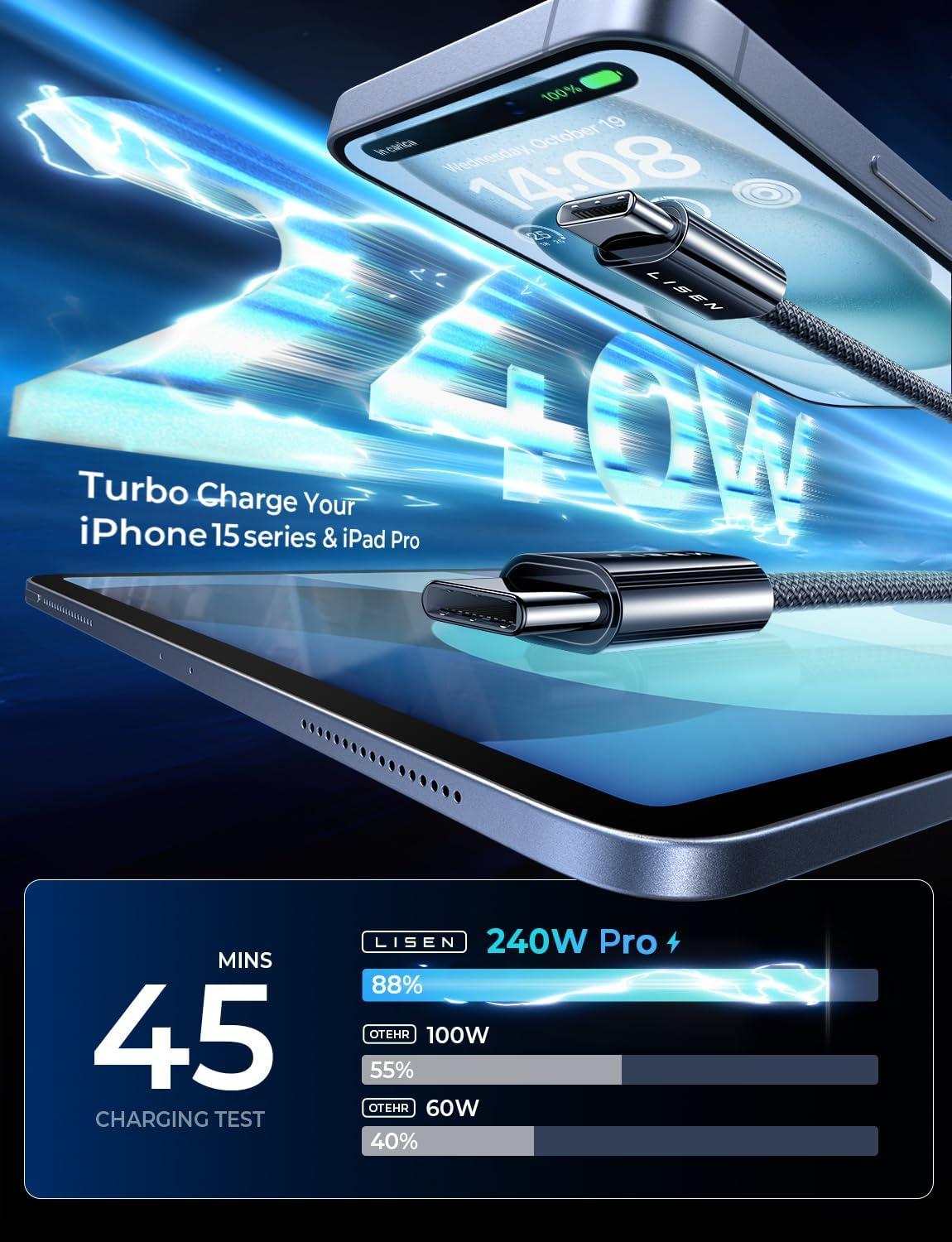 imageLISEN USB C to USB C Cable 240W C to C Cable Fast Charging 66ft 2Pack Type C Charger Fast Charging USBC Cables for iPhone 17 Pro Max Charging Cable for iPhone 16 15 iPad MacBook Pro Samsung S25Black