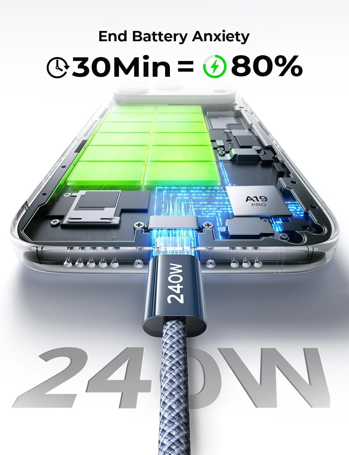 imageLISEN USB C to USB C Cable 240W C to C Cable Fast Charging 66ft 2Pack Type C Charger Fast Charging USBC Cables for iPhone 17 Pro Max Charging Cable for iPhone 16 15 iPad MacBook Pro Samsung S25Midnight