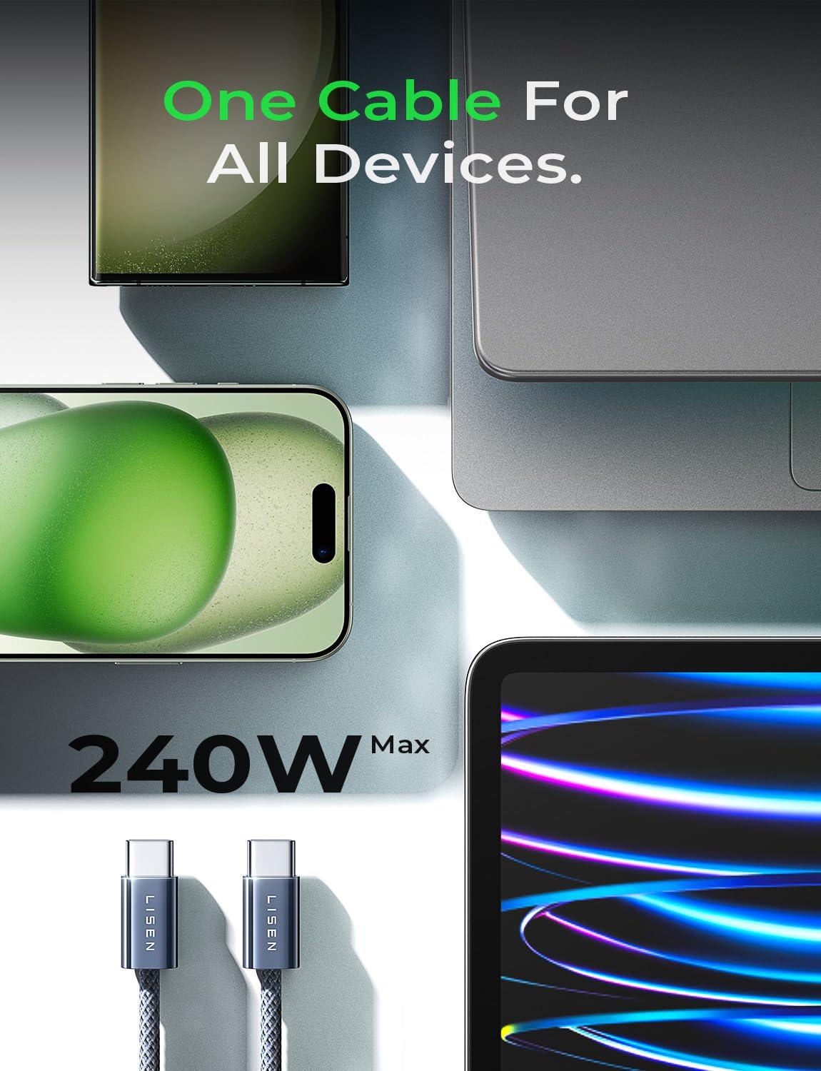 imageLISEN USB C to USB C Cable 240W C to C Cable Fast Charging 66ft 2Pack Type C Charger Fast Charging USBC Cables for iPhone 17 Pro Max Charging Cable for iPhone 16 15 iPad MacBook Pro Samsung S25Midnight