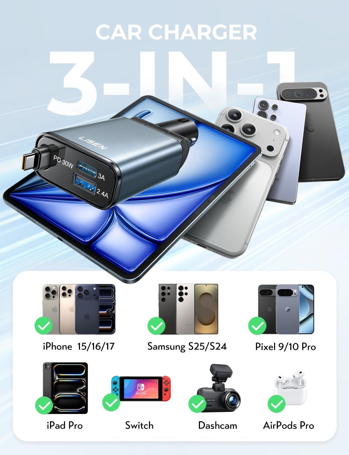 imageLISEN for Car Charger USB C Fast Charge fit iPhone 17 Pro Max Air UltraMini 60 Less Space 57W Type C Retractable Car Phone Charger Adapter for iPhone 16e 16 15 Samsung S25 S24 Pixel AndroidGrey