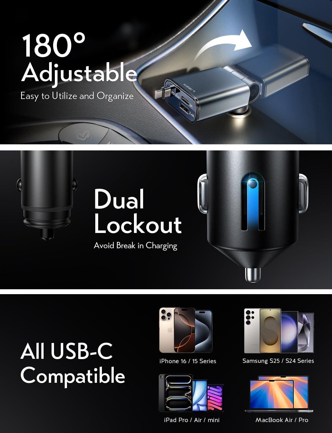 imageLISEN for Car Charger USB C Fast Charge fit iPhone 17 Pro Max Air UltraMini 60 Less Space 57W Type C Retractable Car Phone Charger Adapter for iPhone 16e 16 15 Samsung S25 S24 Pixel AndroidBlack