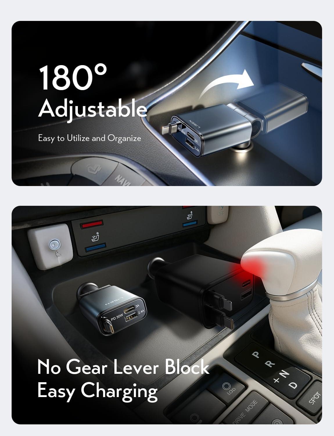 imageLISEN for Car Charger USB C Fast Charge fit iPhone 17 Pro Max Air UltraMini 60 Less Space 57W Type C Retractable Car Phone Charger Adapter for iPhone 16e 16 15 Samsung S25 S24 Pixel AndroidGrey