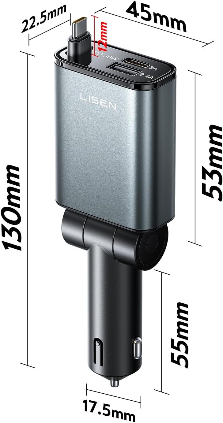 imageLISEN for Car Charger USB C Fast Charge fit iPhone 17 Pro Max Air UltraMini 60 Less Space 57W Type C Retractable Car Phone Charger Adapter for iPhone 16e 16 15 Samsung S25 S24 Pixel AndroidGrey