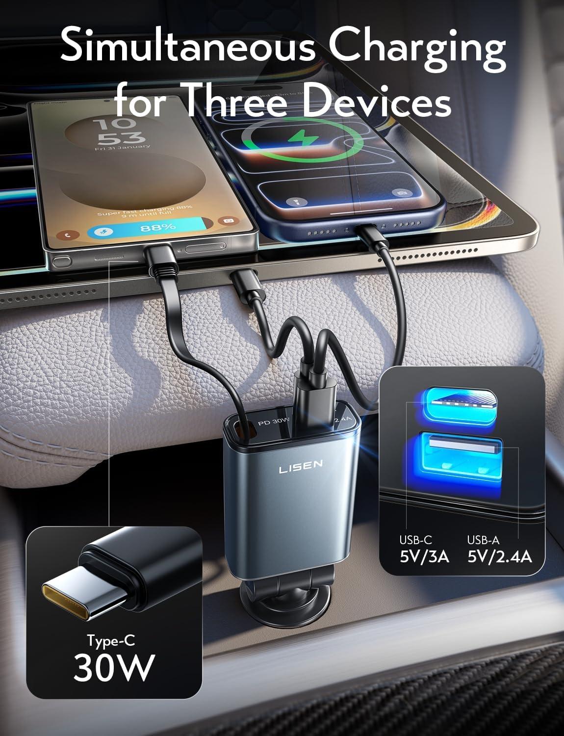 imageLISEN for Car Charger USB C Fast Charge fit iPhone 17 Pro Max Air UltraMini 60 Less Space 57W Type C Retractable Car Phone Charger Adapter for iPhone 16e 16 15 Samsung S25 S24 Pixel AndroidGrey