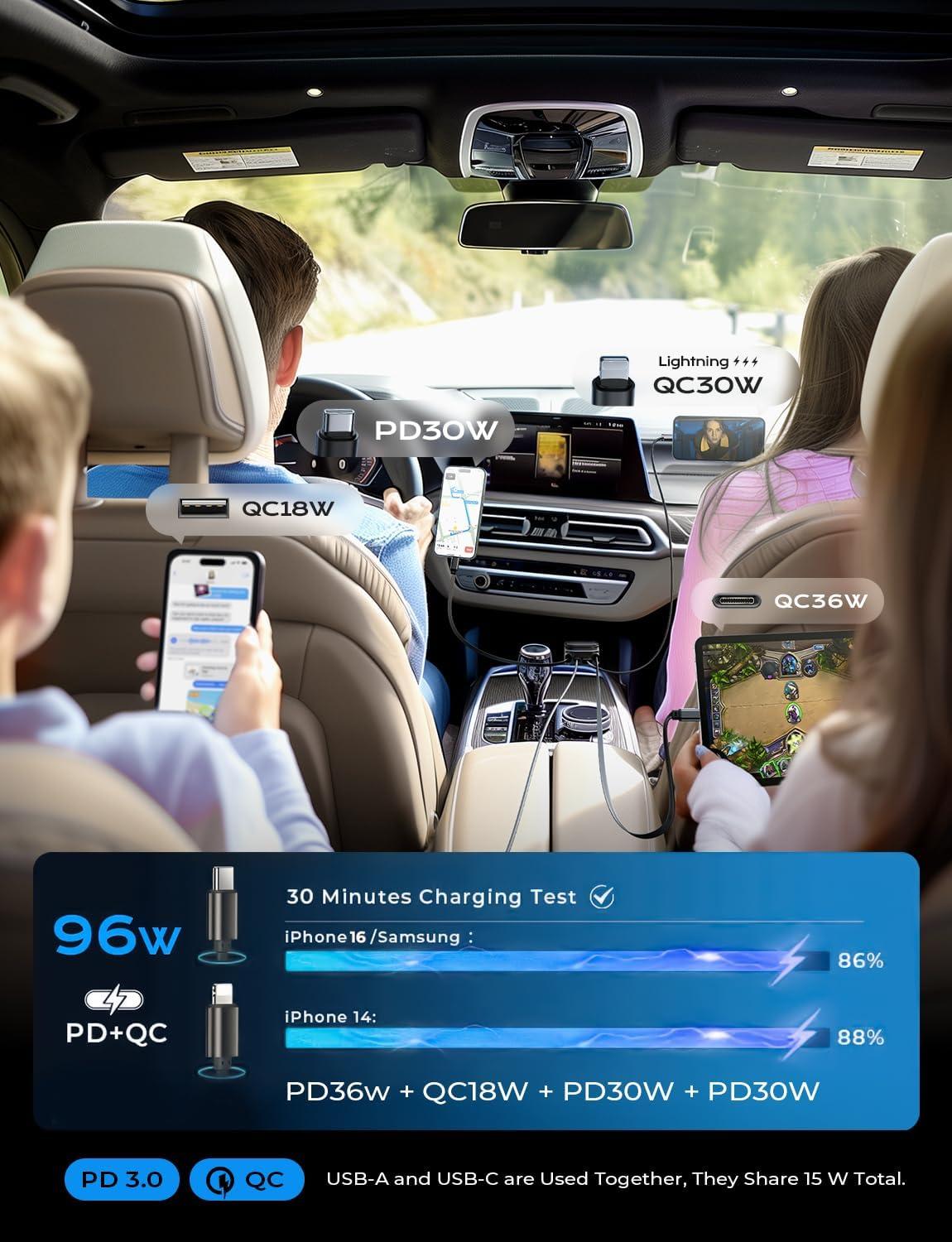 imageLISEN for iPhone 17 Pro Max Retractable Car ChargerUSB C Cable ampamp L Cable 96W 4 in 1 Fast Charging Retractable Car Charger Cigarette Adapter for iPhone 16 15 14 13 12Samsung Galaxy S25 S24 AndroidBlack