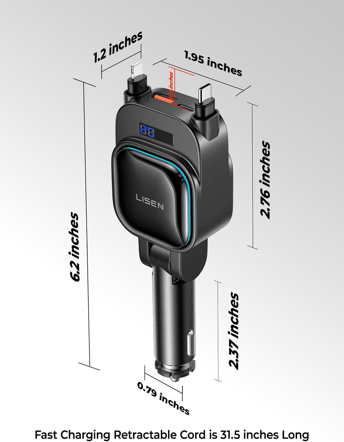 imageLISEN for iPhone 17 Pro Max Retractable Car ChargerUSB C Cable ampamp L Cable 96W 4 in 1 Fast Charging Retractable Car Charger Cigarette Adapter for iPhone 16 15 14 13 12Samsung Galaxy S25 S24 AndroidBlack