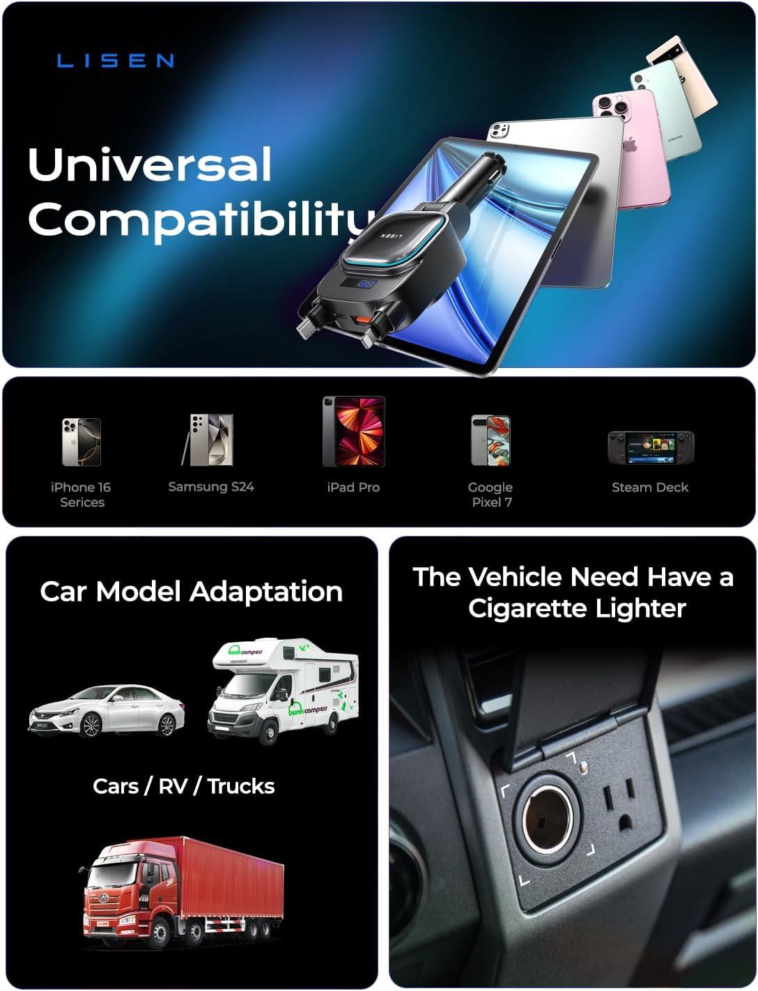 imageLISEN for iPhone 17 Pro Max Retractable Car ChargerUSB C Cable ampamp L Cable 96W 4 in 1 Fast Charging Retractable Car Charger Cigarette Adapter for iPhone 16 15 14 13 12Samsung Galaxy S25 S24 AndroidBlack