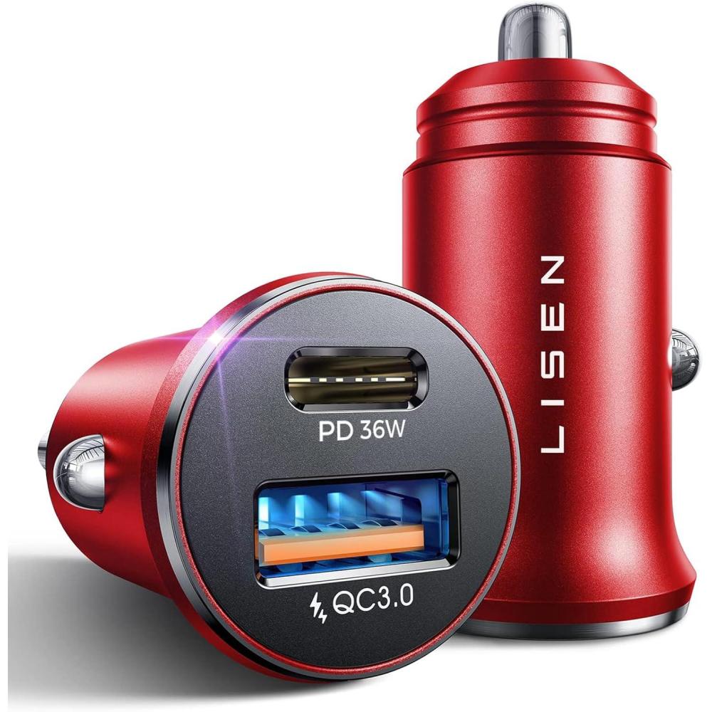 imageLISEN 54W Mini Cigarette Lighter Adapter Car Charger USB C Fast Charging 12V Cigarette Lighter USB Car Charger Fast Charging Adapter for iPhone 17 Pro Max 16 15 14 13 12 Plus Mini Samsung S25 S24Red