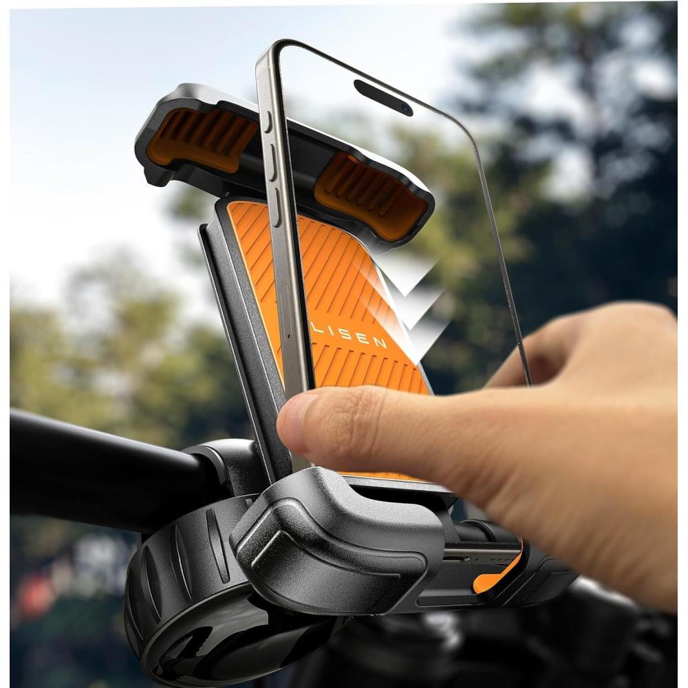 imageLISEN Bike Phone Holder Super Easy Install Ultra Stable Motorcycle Phone Mount Bicycle Handlebar Holder Mount for Adults Kids Bike Bicycle Ebike Gear Accessories for iPhone Samsung Google PixelUpgradeOrange