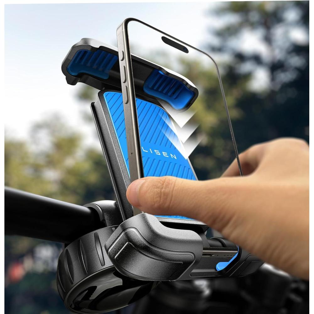 imageLISEN Bike Phone Holder Super Easy Install Ultra Stable Motorcycle Phone Mount Bicycle Handlebar Holder Mount for Adults Kids Bike Bicycle Ebike Gear Accessories for iPhone Samsung Google PixelUpgradeBlue
