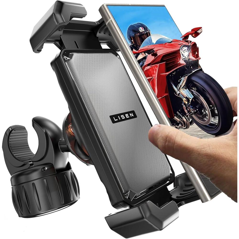 imageLISEN Motorcycle Phone Mount 1s Quick Lock 100mph Military Anti Shake Dirt Bike Phone Holder Electric Motorcycle Phone Holder Clamp for iPhone 16 15 Samsung Galaxy All 467quot Cell Phones