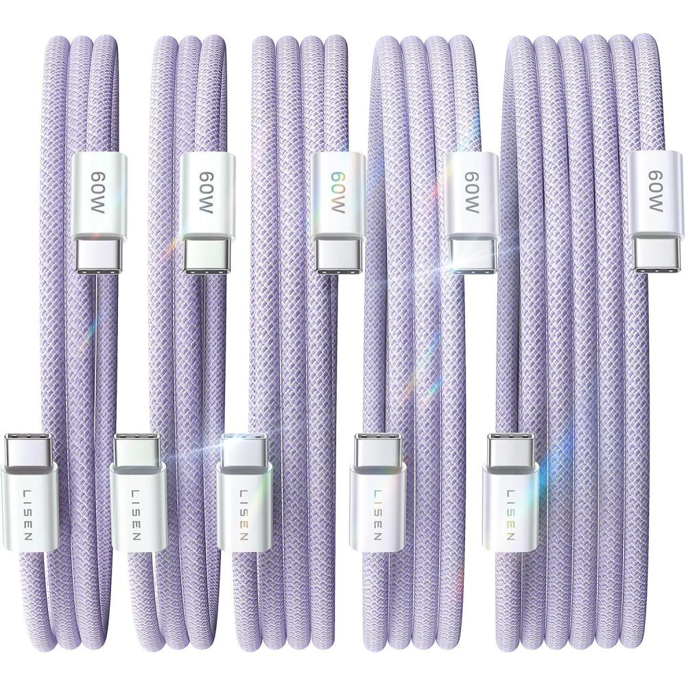 imageLISEN USB C Cable 5Pack 3333666610FT for iPhone 17 Charger Cord 60W USB C to USB C Fast Charging Cable for iPhone 17 Air 16 15 Pro Max Samsung Z Flip 7S25S24 Switch 2 iPad MacBookPurple