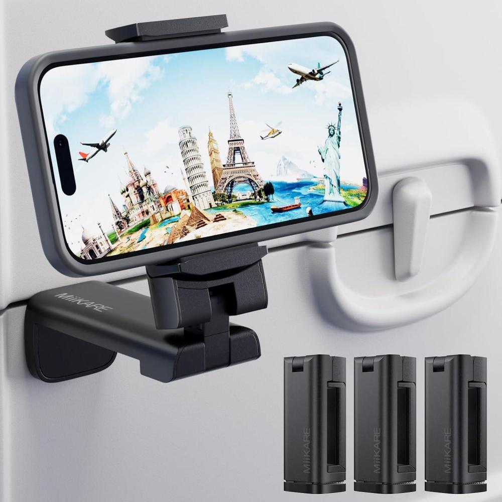imageMiiKARE Travel Essentials Airplane Phone Holder Universal Handsfree Phone Mount for Flying with 360 Degree Rotation Travel Must Haves Phone Stand for Desk Tray Table BlackampampBlackBlackBlackBlack