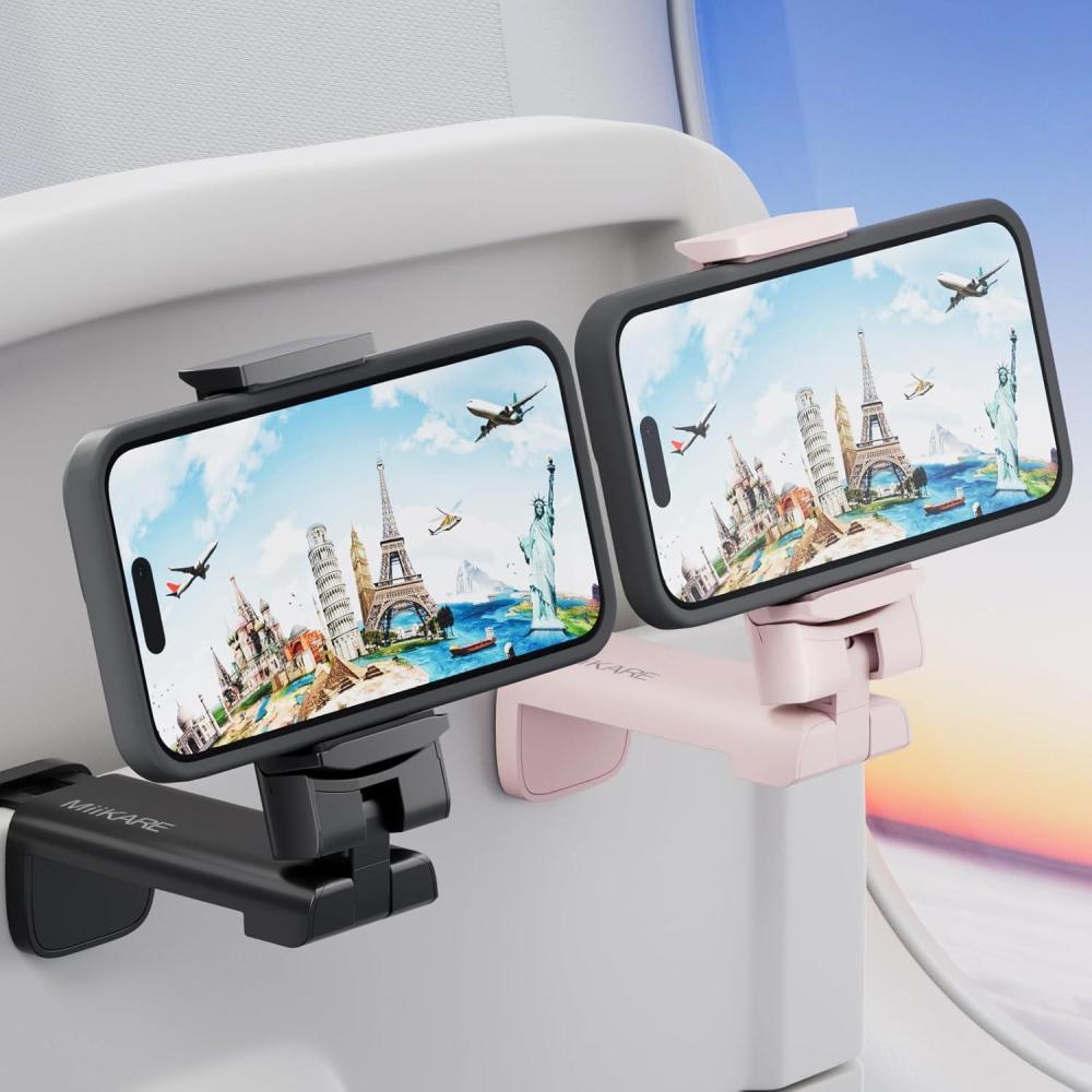 imageMiiKARE Travel Essentials Airplane Phone Holder Universal Handsfree Phone Mount for Flying with 360 Degree Rotation Travel Must Haves Phone Stand for Desk Tray Table BlackampampBlackBlackPink