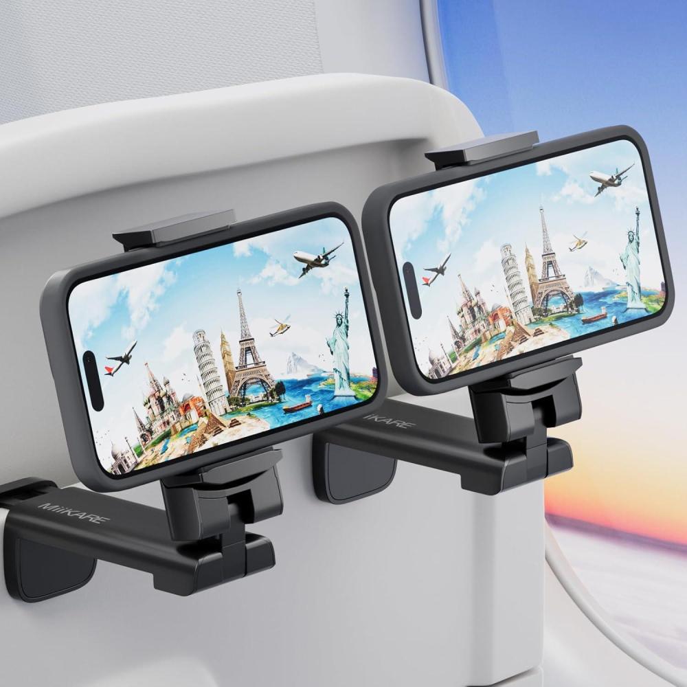 imageMiiKARE Travel Essentials Airplane Phone Holder Universal Handsfree Phone Mount for Flying with 360 Degree Rotation Travel Must Haves Phone Stand for Desk Tray Table BlackampampBlackBlackBlack