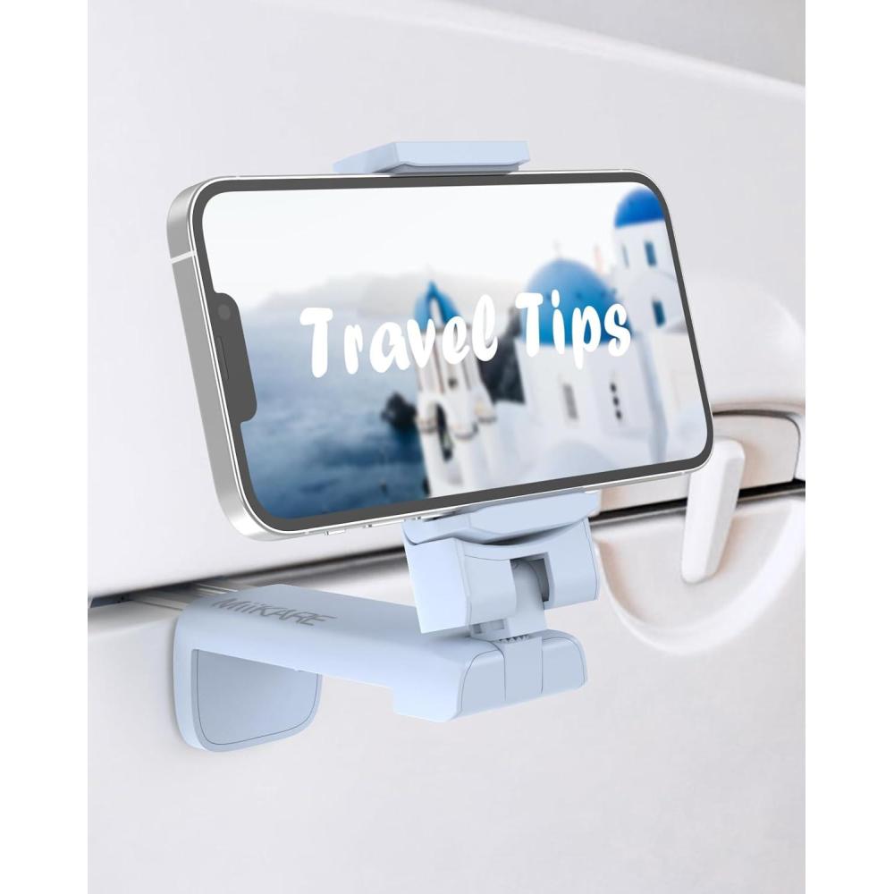 imageMiiKARE Travel Essentials Airplane Phone Holder Universal Handsfree Phone Mount for Flying with 360 Degree Rotation Travel Must Haves Phone Stand for Desk Tray Table BlackampampBlackBlue