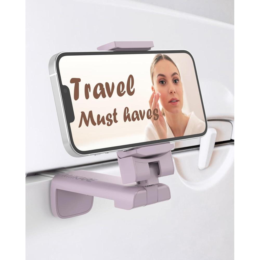 imageMiiKARE Travel Essentials Airplane Phone Holder Universal Handsfree Phone Mount for Flying with 360 Degree Rotation Travel Must Haves Phone Stand for Desk Tray Table BlackampampBlackPurple