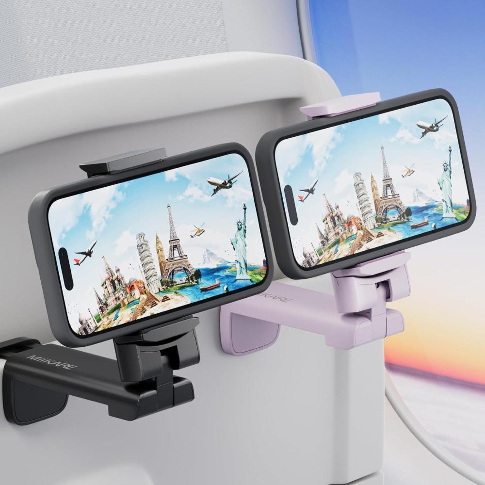 imageMiiKARE Travel Essentials Airplane Phone Holder Universal Handsfree Phone Mount for Flying with 360 Degree Rotation Travel Must Haves Phone Stand for Desk Tray Table BlackampampBlackBlackPurple