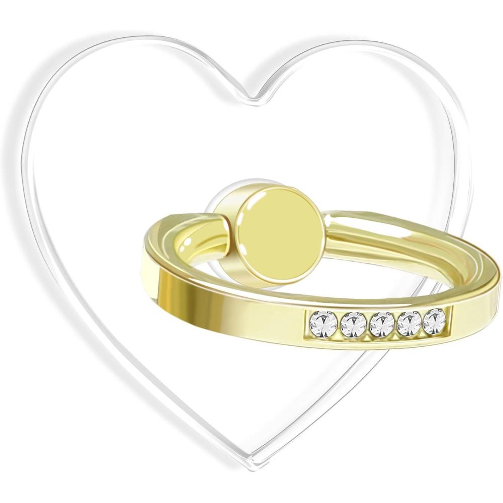 imageTACOMEGE Transparent Clear Cell Phone Ring Grips Holder for Apple iPhone Samsung Galaxy Finger Ring Stand for Smartphones Tablets CasesCrystalHeart GoldGold