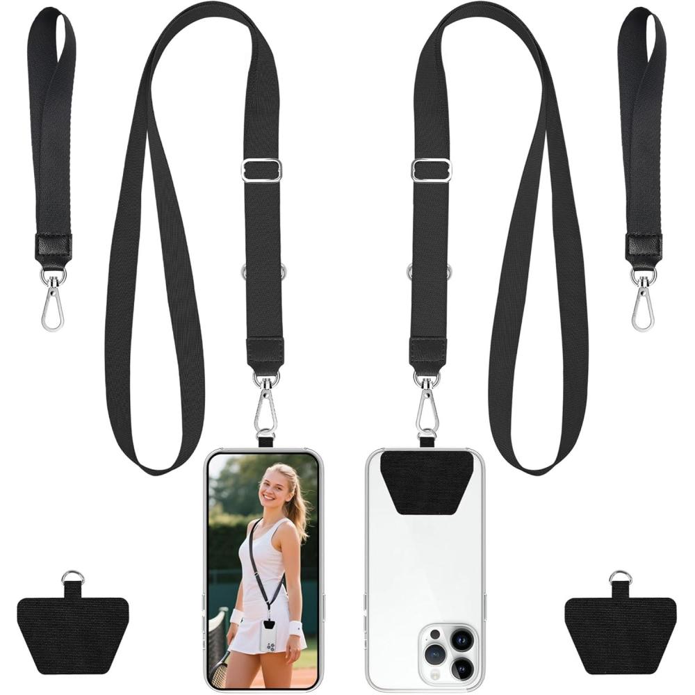 imagetakyu Phone Lanyard 2 Pack Adjustable AntiDrop NeckWrist Strap with 2 Pcs Tether Patches Secure HandsFree Compatible for iPhone Samsung Perfect for Nurses Teachers Travel Hiking BlackBlack Black