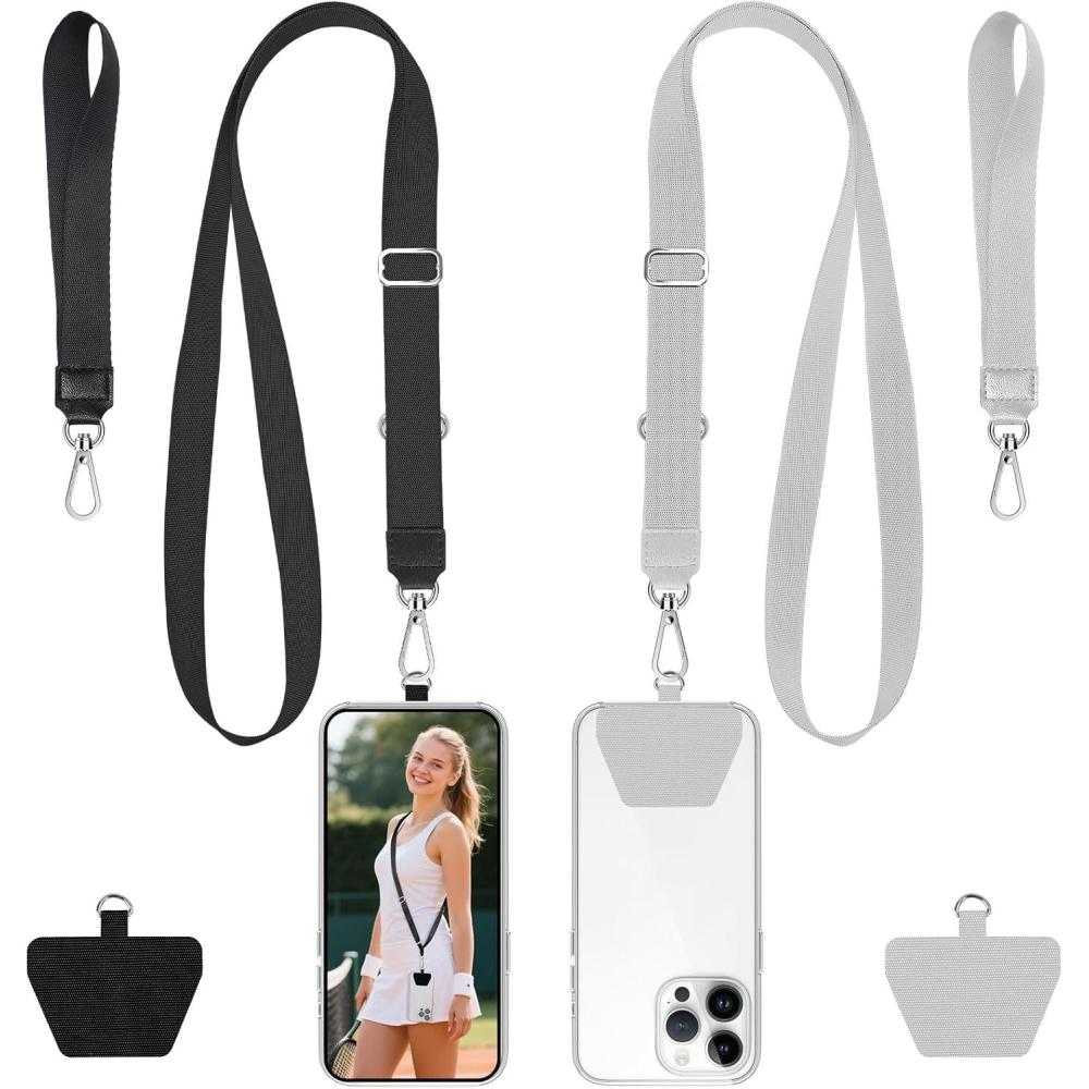 imagetakyu Phone Lanyard 2 Pack Adjustable AntiDrop NeckWrist Strap with 2 Pcs Tether Patches Secure HandsFree Compatible for iPhone Samsung Perfect for Nurses Teachers Travel Hiking BlackBlack  Grey