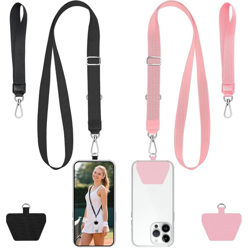 imagetakyu Phone Lanyard 2 Pack Adjustable AntiDrop NeckWrist Strap with 2 Pcs Tether Patches Secure HandsFree Compatible for iPhone Samsung Perfect for Nurses Teachers Travel Hiking BlackBlack  Pink