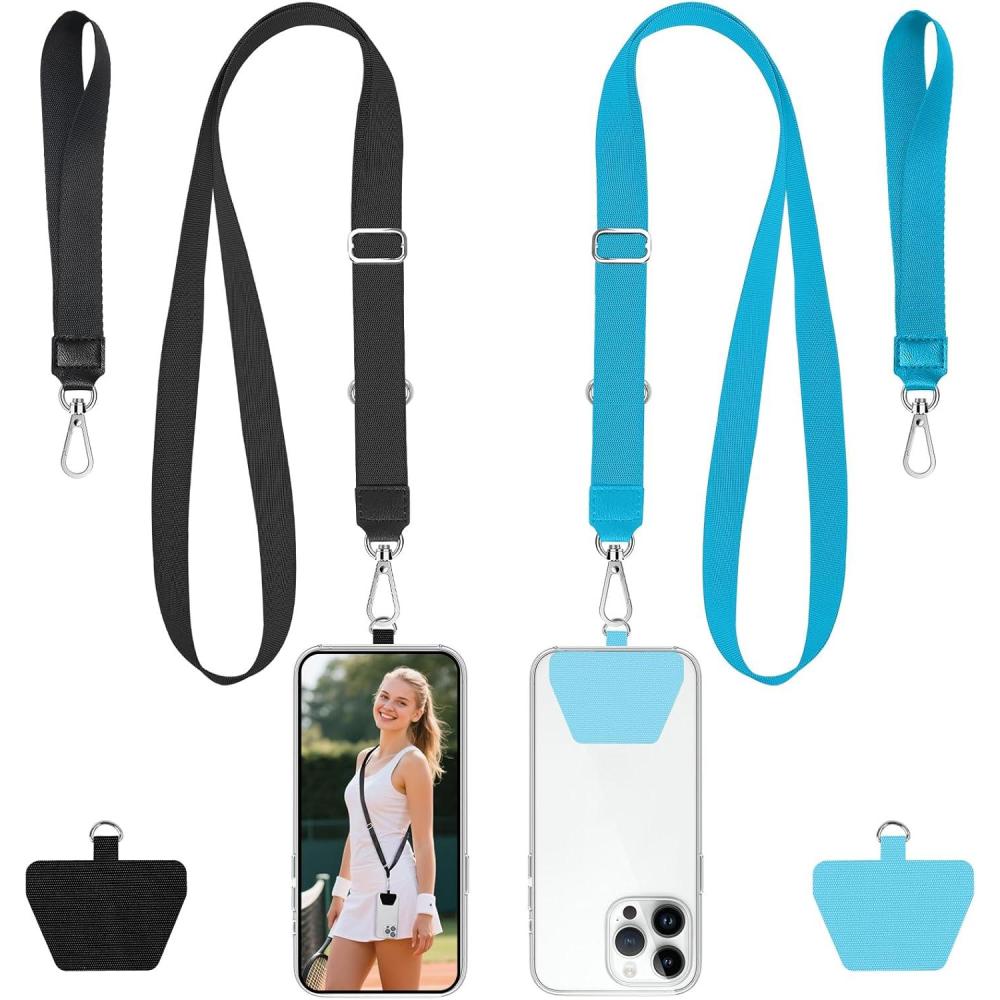 imagetakyu Phone Lanyard 2 Pack Adjustable AntiDrop NeckWrist Strap with 2 Pcs Tether Patches Secure HandsFree Compatible for iPhone Samsung Perfect for Nurses Teachers Travel Hiking BlackBlack  Blue