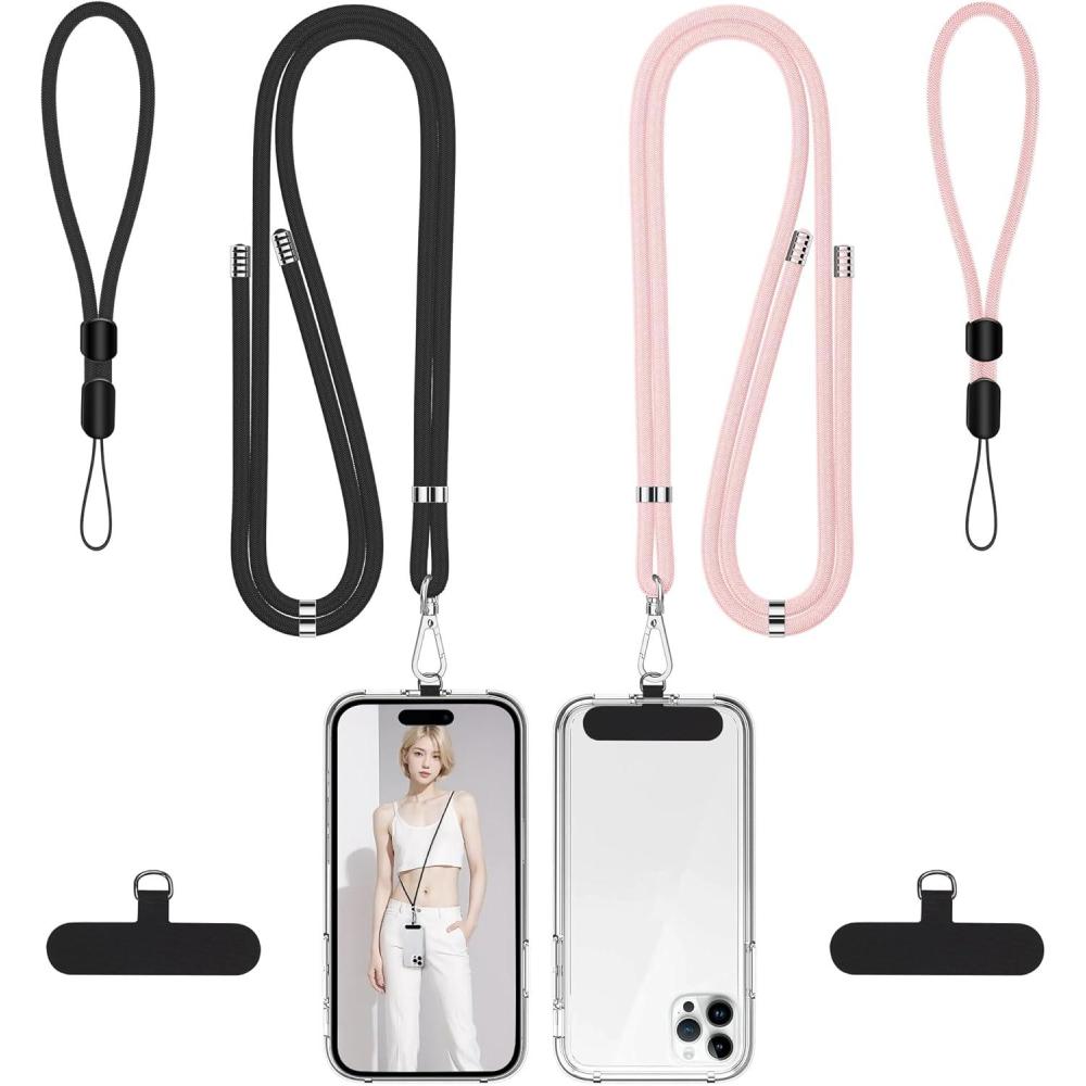 imagetakyu Phone Lanyard 2 Pack Adjustable CellPhone Lanyard Crossbody Neck Strap ampamp 2 Pack Wrist Strap ampamp Nylon Tether Tabs Compatible for iPhone Android Smartphones Orange BlackLightpinkblack