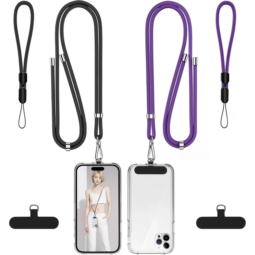 imagetakyu Phone Lanyard 2 Pack Adjustable CellPhone Lanyard Crossbody Neck Strap ampamp 2 Pack Wrist Strap ampamp Nylon Tether Tabs Compatible for iPhone Android Smartphones Orange BlackDarkpuple  Black