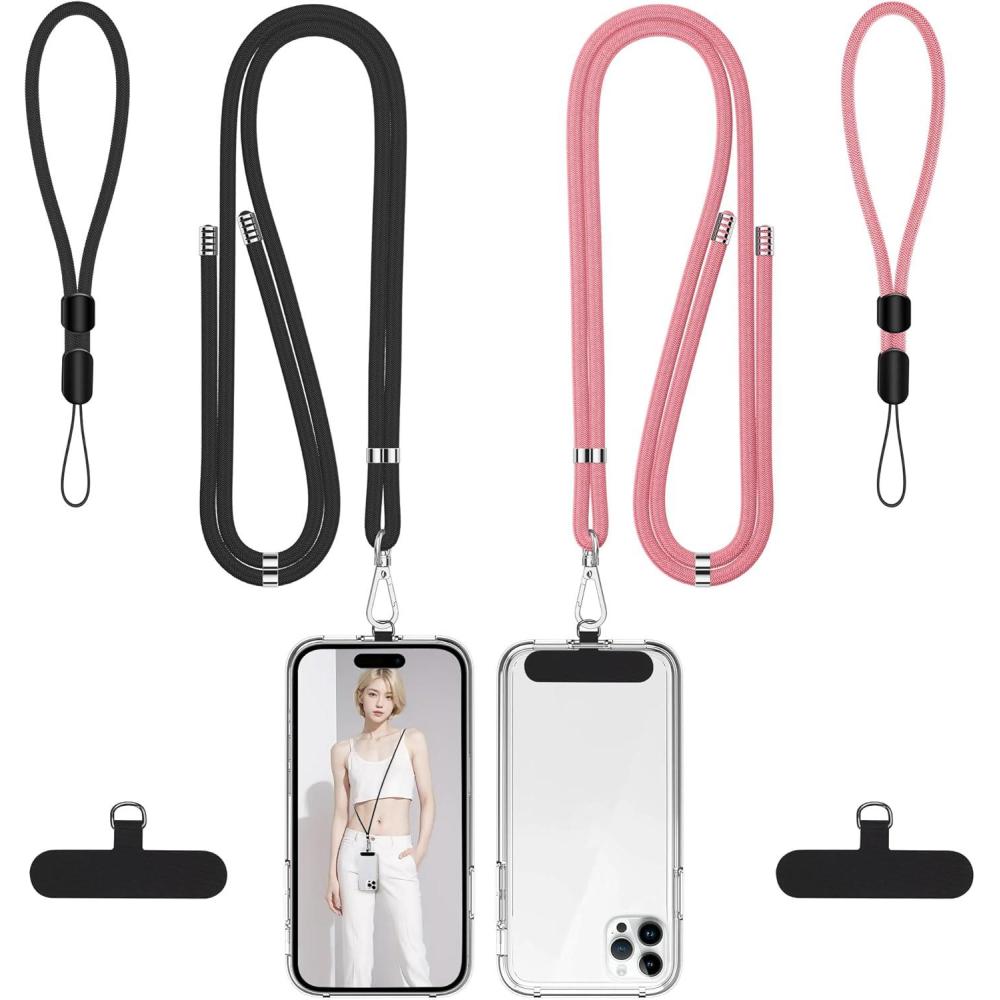 imagetakyu Phone Lanyard 2 Pack Adjustable CellPhone Lanyard Crossbody Neck Strap ampamp 2 Pack Wrist Strap ampamp Nylon Tether Tabs Compatible for iPhone Android Smartphones Orange BlackBlackpink