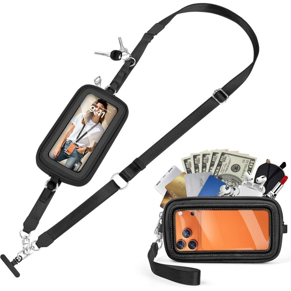 imagetakyu Clip and Go Phone Strap Phone Lanyard Crossbody with Detachable Wrist Strap Wallet ID Window for Women Daily UseCarbon Black