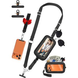 takyu Clip and Go Strap for Phone with Wallet Crossbody, Phone Lanyard with Detachable Wallet Wrist Strap with ID Window(Black)