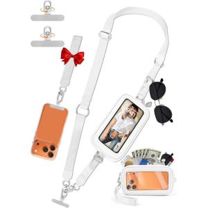 takyu Clip and Go Strap for Phone with Wallet Crossbody, Phone Lanyard with Detachable Wallet Wrist Strap with ID Window(White)